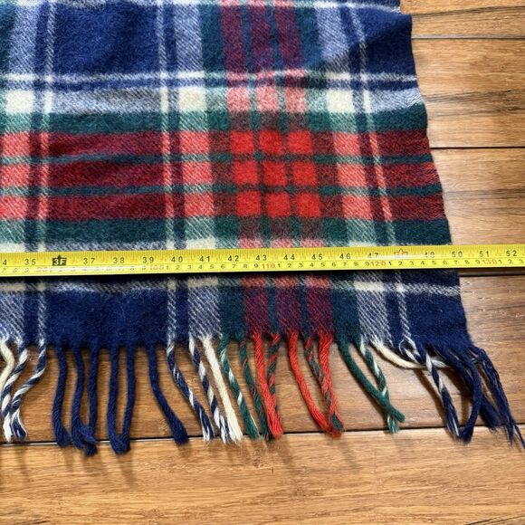 Vintage Wool Blend Navy Red Plaid Throw Blanket Fringed 50”x66” w/Fringe *READ* - Picture 5 of 12
